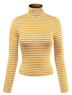 MixMatchy Women's Solid Tight Fit Lightweight Solid/Stripe Long Sleeves Turtle Neck Top