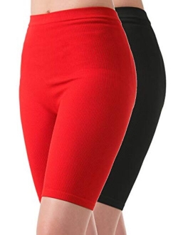 MixMatchy Women's Solid Seamless Ribbed Knee Biker Shorts with Band Waist