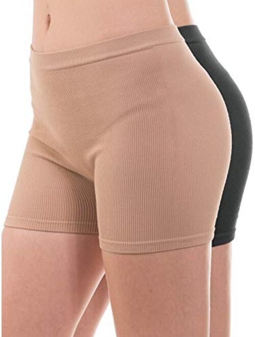 MixMatchy Women's Solid Seamless Ribbed Knee Biker Shorts with Band Waist