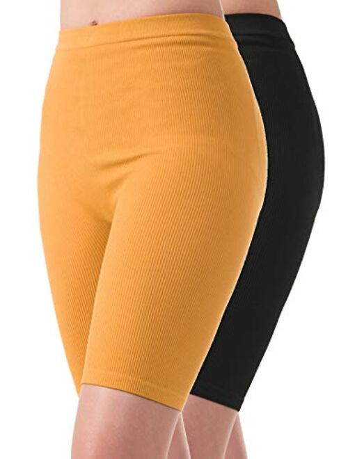 MixMatchy Women's Solid Seamless Ribbed Knee Biker Shorts with Band Waist