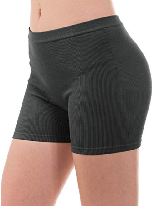 MixMatchy Women's Solid Seamless Ribbed Knee Biker Shorts with Band Waist