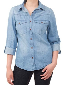 MixMatchy Women's Casual Daily Long/Roll Up Sleeve Button Down Denim Chambray Shirt (S-3XL)