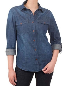 MixMatchy Women's Casual Daily Long/Roll Up Sleeve Button Down Denim Chambray Shirt (S-3XL)