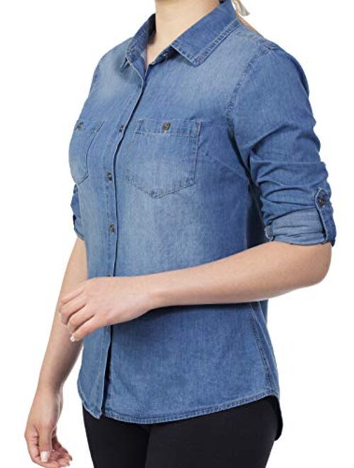 MixMatchy Women's Casual Daily Long/Roll Up Sleeve Button Down Denim Chambray Shirt (S-3XL)