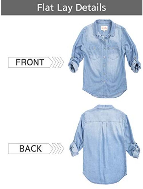 MixMatchy Women's Casual Daily Long/Roll Up Sleeve Button Down Denim Chambray Shirt (S-3XL)