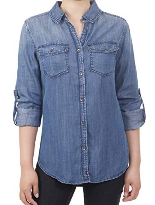 MixMatchy Women's Casual Daily Long/Roll Up Sleeve Button Down Denim Chambray Shirt (S-3XL)