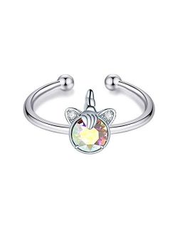 AOBOCO Sterling Silver Unicorn Ring, Aurore Boreale Crystal from Austria, Hypoallergenic Adjustable Open Ring, Anniversary Birthday Unicorn Jewelry Gifts for Women Daught