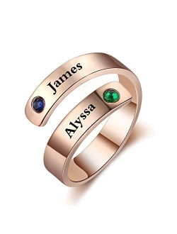 Personalized Promise Rings for Her Free Engraving Spiral Twist Name Ring with 2 Simulated Birthstones Jewelry Ring Gifts for Women Girlfriend