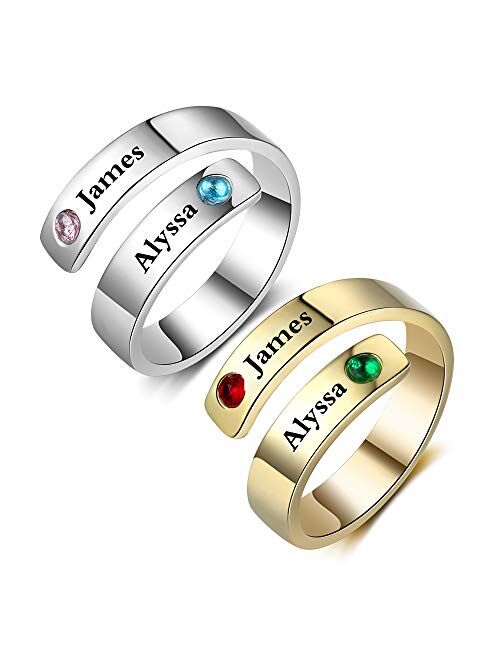 Personalized Promise Rings for Her Free Engraving Spiral Twist Name Ring with 2 Simulated Birthstones Jewelry Ring Gifts for Women Girlfriend