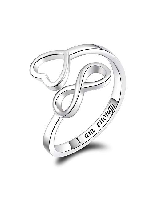 Jinlou I Am Enough Ring 925 Sterling Silver Infinity Ring Inspirational Personalized Adjustable Rings Birthday Graduation Gift for Women Girls