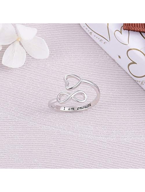 Jinlou I Am Enough Ring 925 Sterling Silver Infinity Ring Inspirational Personalized Adjustable Rings Birthday Graduation Gift for Women Girls