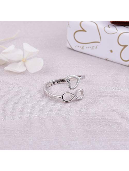 Jinlou I Am Enough Ring 925 Sterling Silver Infinity Ring Inspirational Personalized Adjustable Rings Birthday Graduation Gift for Women Girls