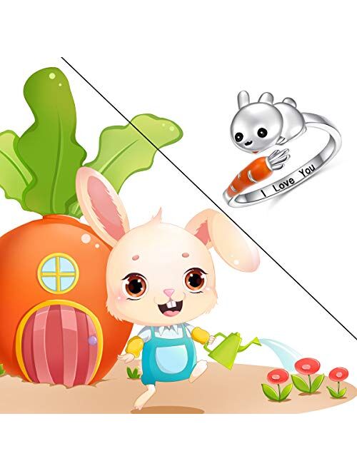 Easter Day Jewelry Bunny & Carrot Ring Sterling Silver Adjustable Size Wrap Open Ring Engraved I Love You for Rabbit Lovers Birthday Gifts