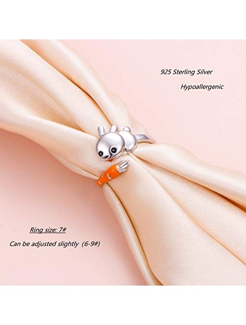 Easter Day Jewelry Bunny & Carrot Ring Sterling Silver Adjustable Size Wrap Open Ring Engraved I Love You for Rabbit Lovers Birthday Gifts