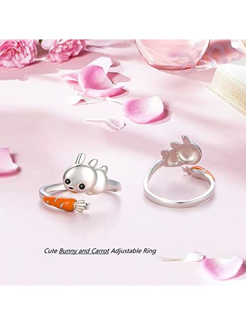 Easter Day Jewelry Bunny & Carrot Ring Sterling Silver Adjustable Size Wrap Open Ring Engraved I Love You for Rabbit Lovers Birthday Gifts