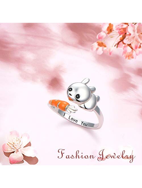 Easter Day Jewelry Bunny & Carrot Ring Sterling Silver Adjustable Size Wrap Open Ring Engraved I Love You for Rabbit Lovers Birthday Gifts