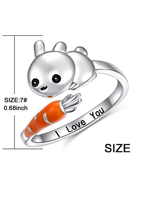 Easter Day Jewelry Bunny & Carrot Ring Sterling Silver Adjustable Size Wrap Open Ring Engraved I Love You for Rabbit Lovers Birthday Gifts