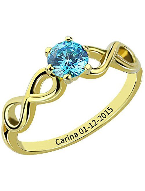 Ouslier 925 Sterling Silver Personalized Birthstone Infinity Name Ring with Engraving Inside