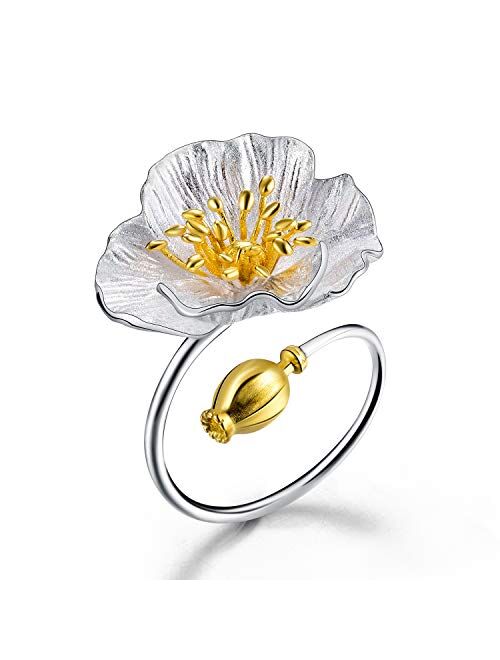 Lotus Fun 925 Sterling Silver Rings Blooming Poppies Flower Open Ring Handmade Natural Jewelry Unique Gift for Women and Girls