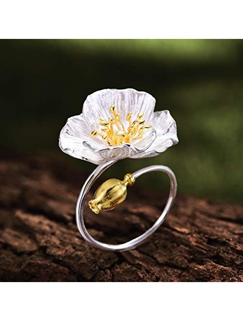 Lotus Fun 925 Sterling Silver Rings Blooming Poppies Flower Open Ring Handmade Natural Jewelry Unique Gift for Women and Girls