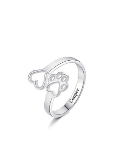 RESVIVI Sterling Silver Personalized Pet Name Ring Paw Print Love Heart Name Ring Jewelry for Dog Cat Lover