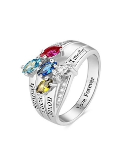 RESVIVI Sterling Silver Customized Mother Name Rings with 2-6 Birthstones Engraving Personalized Stacking Family Name Rings