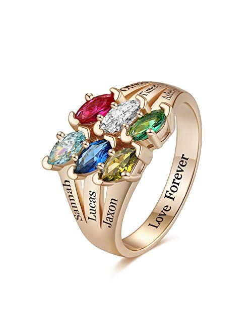 RESVIVI Sterling Silver Customized Mother Name Rings with 2-6 Birthstones Engraving Personalized Stacking Family Name Rings