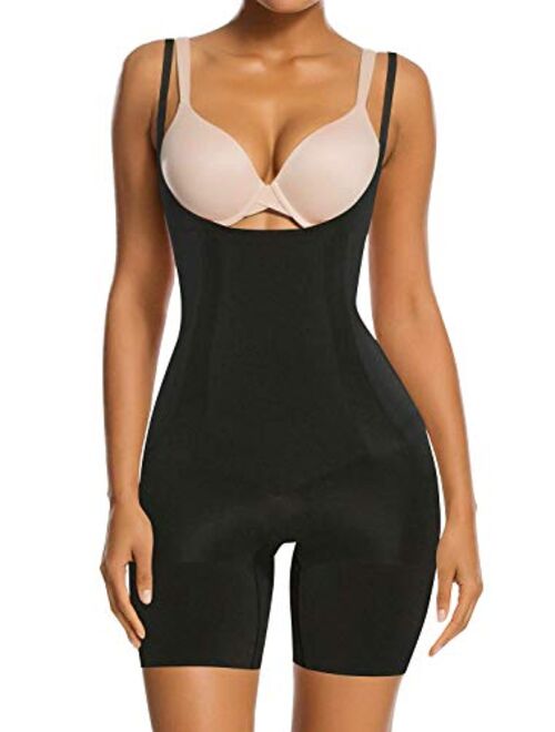 SHAPERX Tummy Control Shapewear for Women Seamless Fajas Bodysuit Open Bust Mid Thigh Body Shaper Shorts