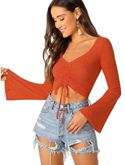 Women's Adjustable Drawstring String Long Bell Sleeve Rib Knit Sexy Crop Top