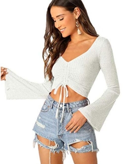 Women's Adjustable Drawstring String Long Bell Sleeve Rib Knit Sexy Crop Top