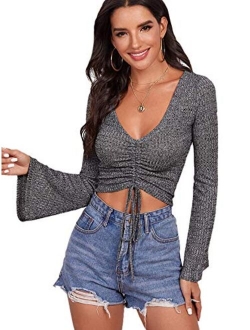 Women's Adjustable Drawstring String Long Bell Sleeve Rib Knit Sexy Crop Top