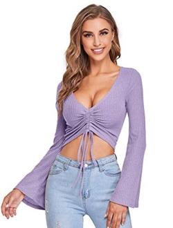 Women's Adjustable Drawstring String Long Bell Sleeve Rib Knit Sexy Crop Top