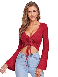 Women's Adjustable Drawstring String Long Bell Sleeve Rib Knit Sexy Crop Top