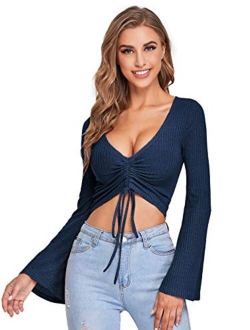 Women's Adjustable Drawstring String Long Bell Sleeve Rib Knit Sexy Crop Top