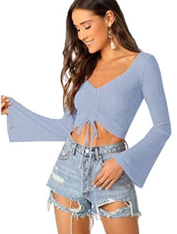 Women's Adjustable Drawstring String Long Bell Sleeve Rib Knit Sexy Crop Top