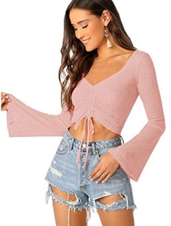 Women's Adjustable Drawstring String Long Bell Sleeve Rib Knit Sexy Crop Top