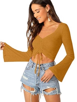 Women's Adjustable Drawstring String Long Bell Sleeve Rib Knit Sexy Crop Top