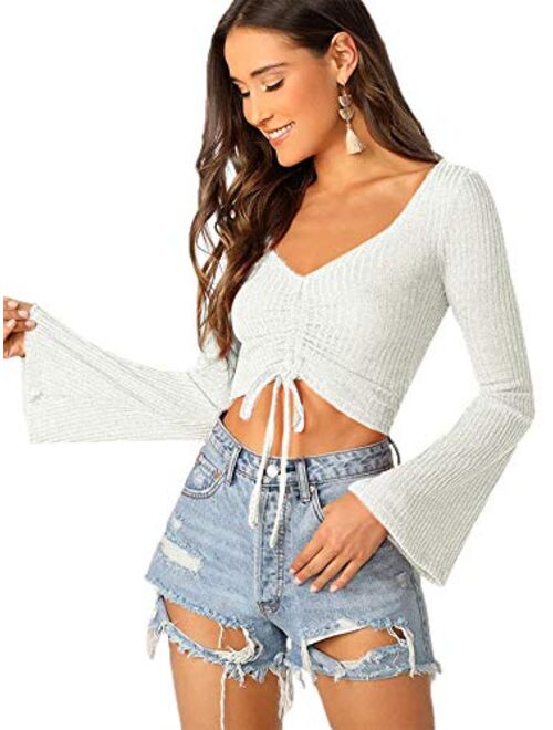 SweatyRocks Women's Adjustable Drawstring String Long Bell Sleeve Rib Knit Sexy Crop Top