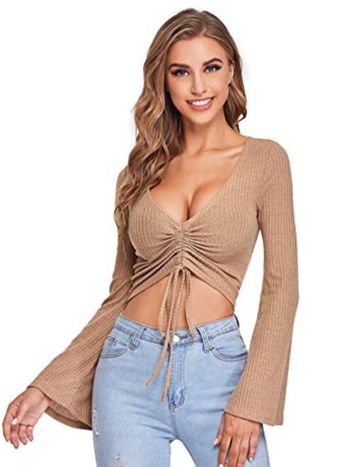 SweatyRocks Women's Adjustable Drawstring String Long Bell Sleeve Rib Knit Sexy Crop Top