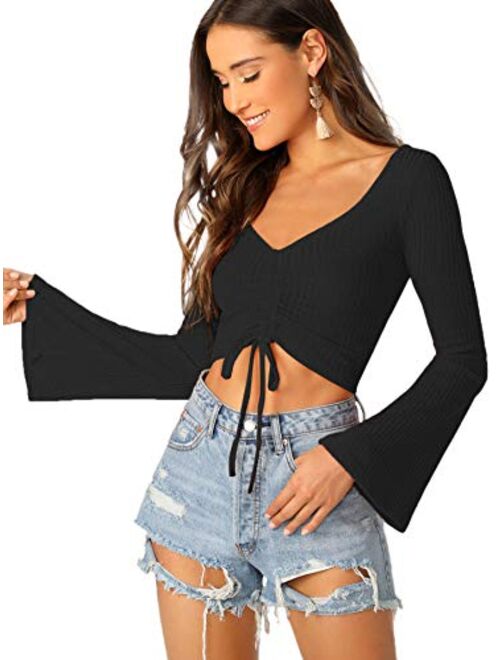 SweatyRocks Women's Adjustable Drawstring String Long Bell Sleeve Rib Knit Sexy Crop Top