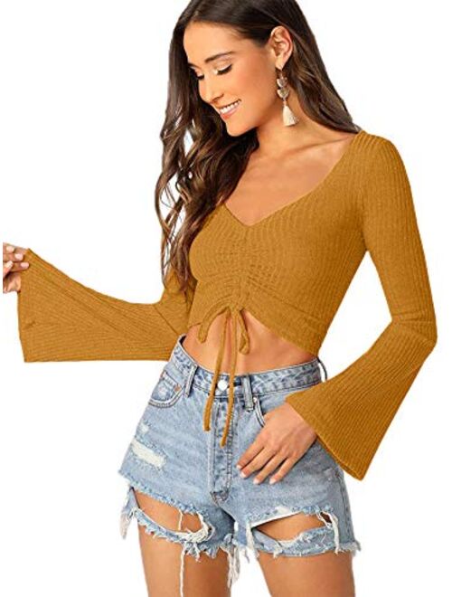 SweatyRocks Women's Adjustable Drawstring String Long Bell Sleeve Rib Knit Sexy Crop Top