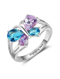 Custom 4 Names Mothers Rings with 4 Simulated Birthstones Butterfly Promise Rings for Her Engraved Family Anniversary Rings for Mom Grandmother Personalized