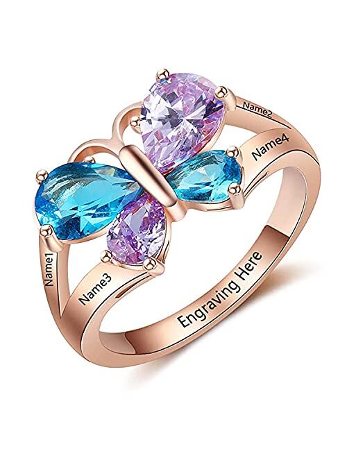 Custom 4 Names Mothers Rings with 4 Simulated Birthstones Butterfly Promise Rings for Her Engraved Family Anniversary Rings for Mom Grandmother Personalized