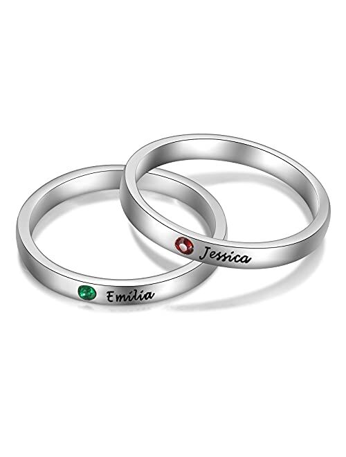 3PCS Personalized Custom Engraved Name Initial Rings with Simulated Birthstones Customized Best Friend Rings for Women Girls