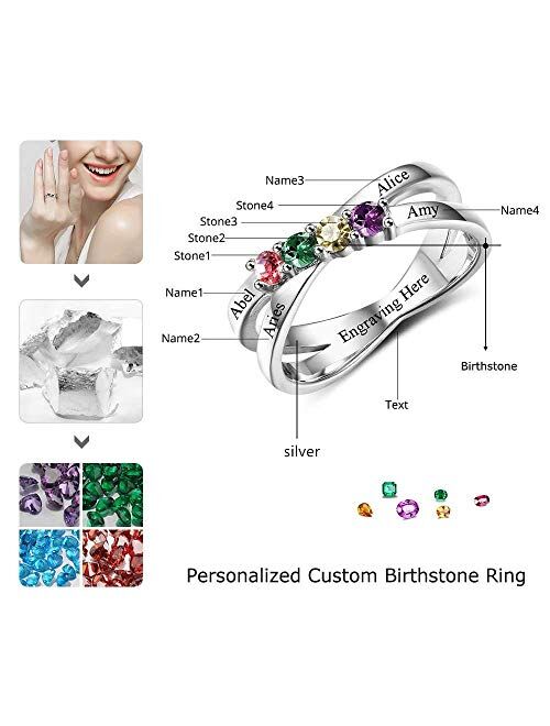 Personalized Sterling Silver Rings for Mothers 4 Simulated Birthstones Engraved Rings Mothers Christmas Rings Family Name Rings for Mom