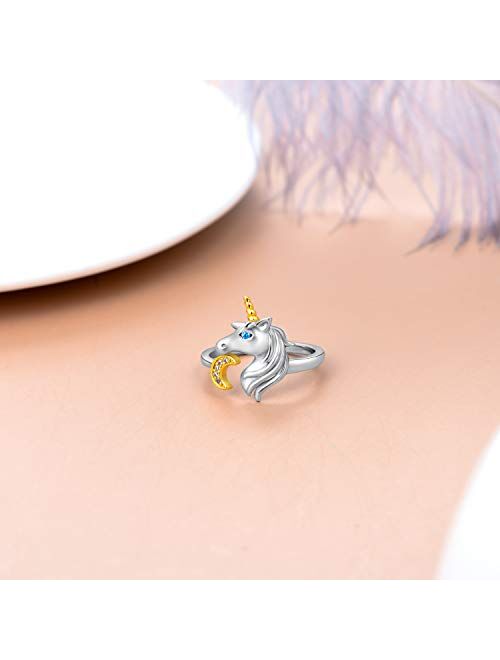 LONAGO Sterling Silver Unicorn Ring with Moon Stacking Ring for Girl Women