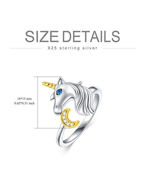 LONAGO Sterling Silver Unicorn Ring with Moon Stacking Ring for Girl Women