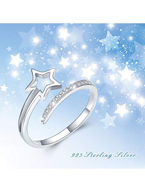 Star Ring,S925 Sterling Silver Lucky Star Open Ring for Women Falling Star Adjustable Thumb Ring Gift for Women Teen Girls