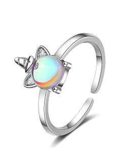 Chengxun Silver Unicorn Rings Moon Stone Inlaid Open Finger Ring for Girls Adjustable Ring