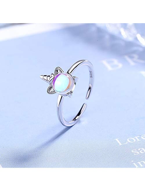 Chengxun Silver Unicorn Rings Moon Stone Inlaid Open Finger Ring for Girls Adjustable Ring